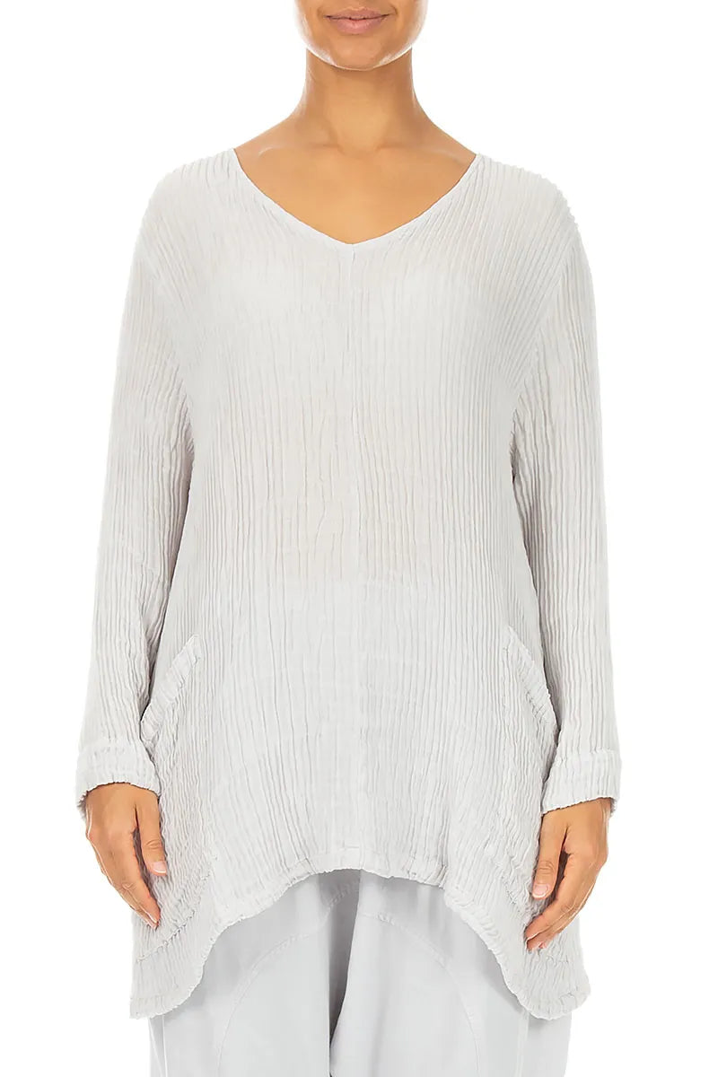 Side Pockets Pearl Grey Plissé Silk Blouse 1