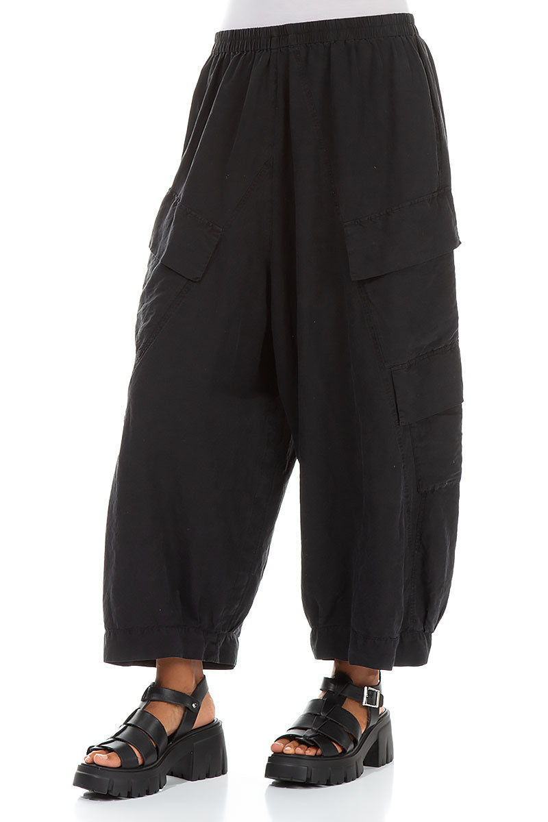 Side Pockets Wide Black Silk Linen Trousers 3