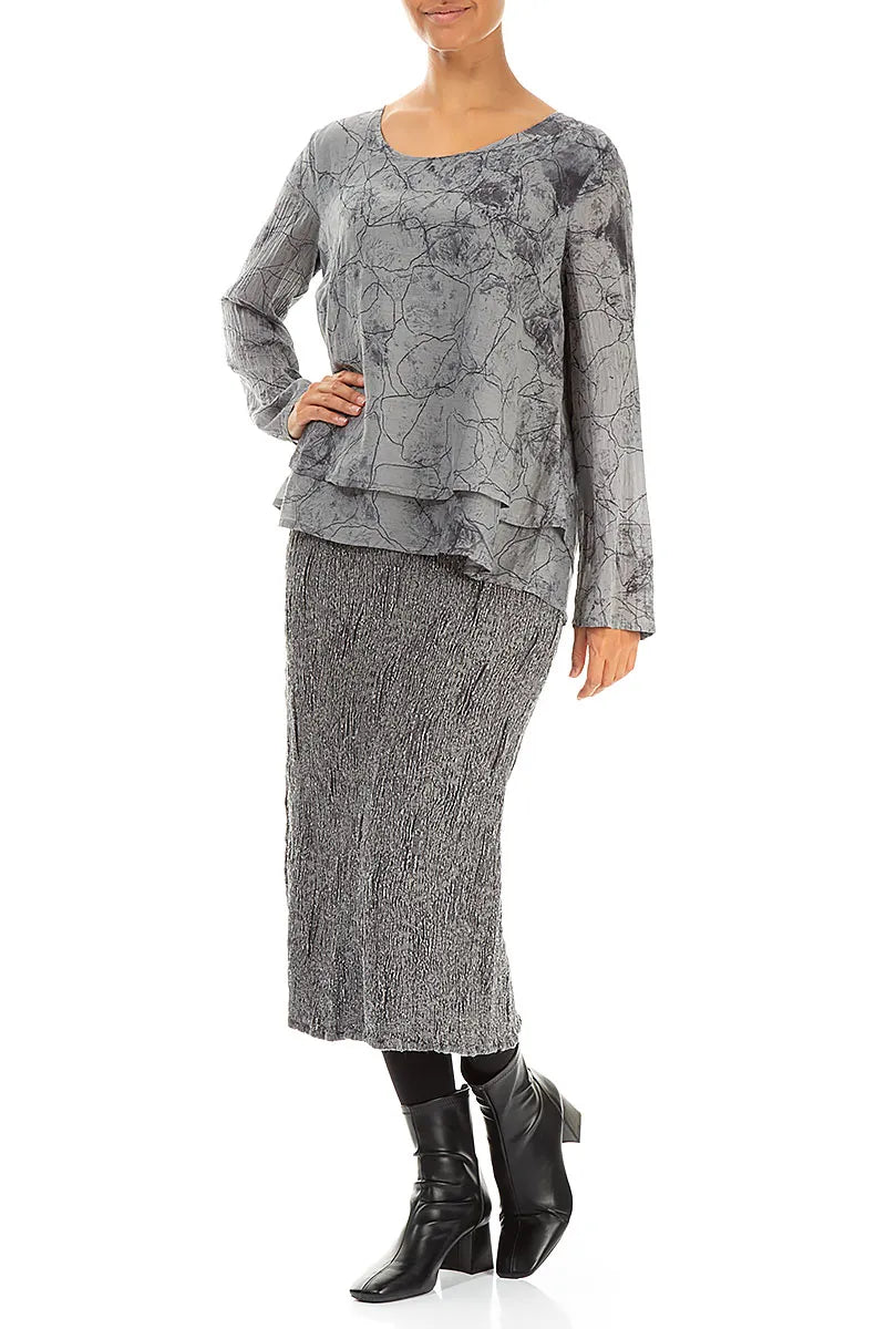 Silver Textured Silk Linen Pencil Skirt