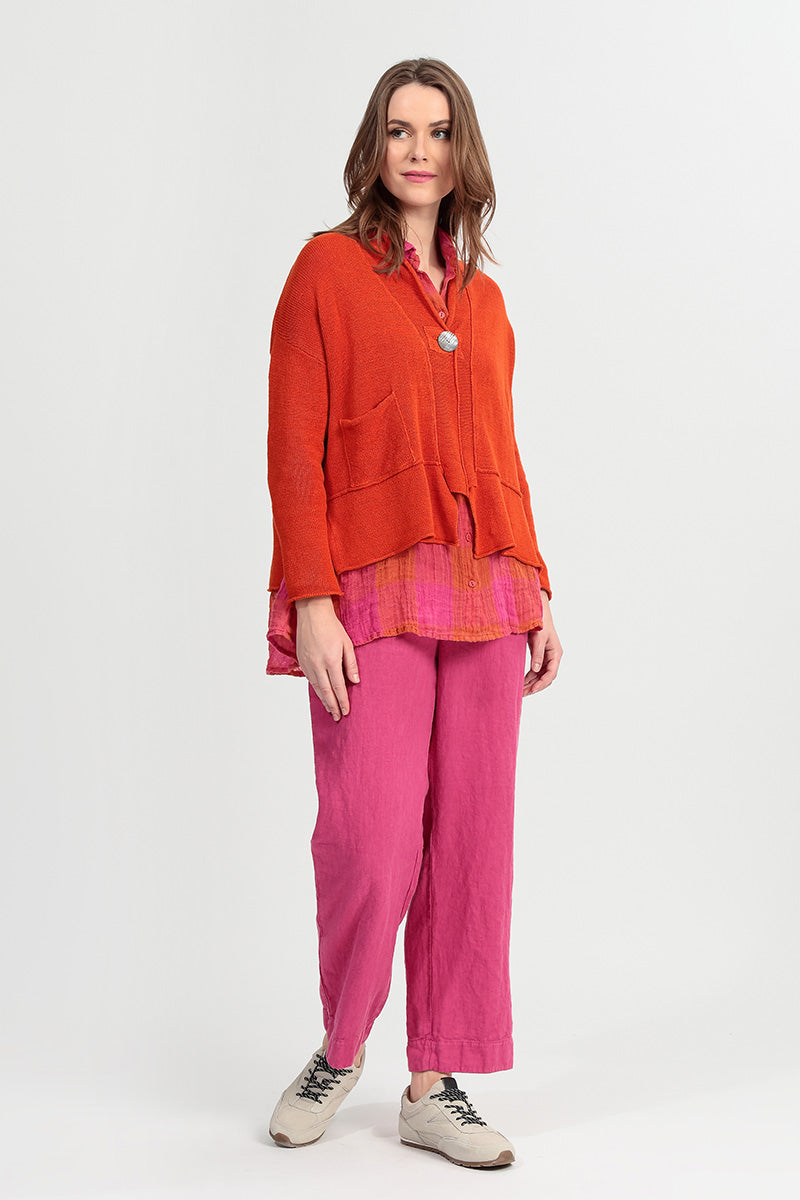 Single Button Flame Orange Linen Cardigan 1