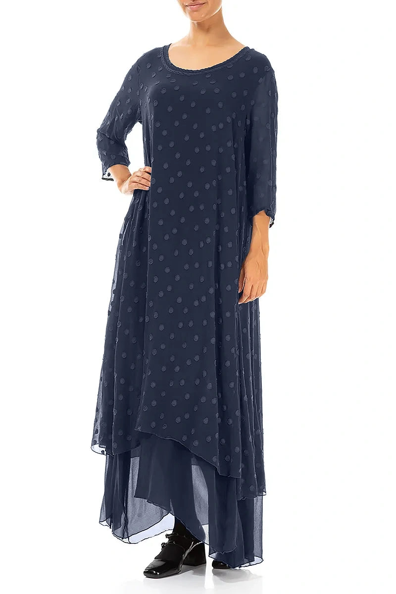 Slate Blue Dotty Silk Maxi Dress 4