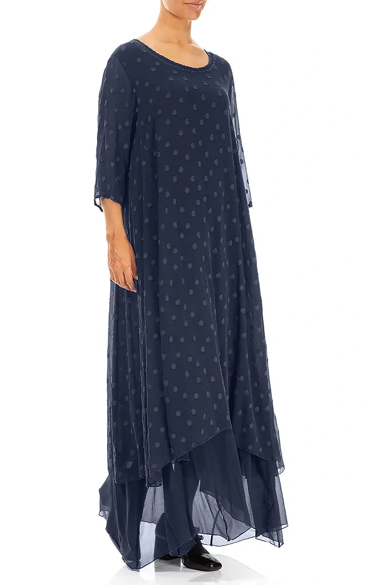 Slate Blue Dotty Silk Maxi Dress 3