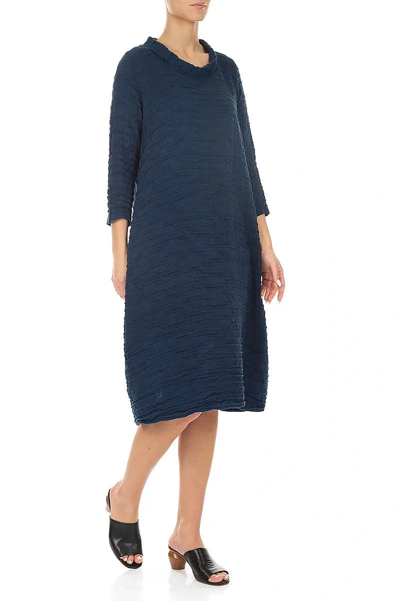 Sleeved Cowl Neck Navy Crinkled Silk Linen Dress 3