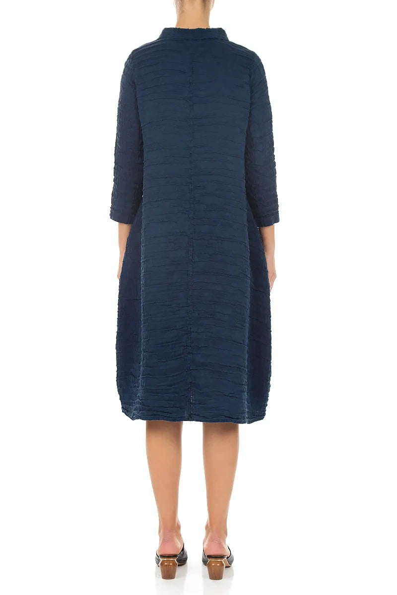 Sleeved Cowl Neck Navy Crinkled Silk Linen Dress 2