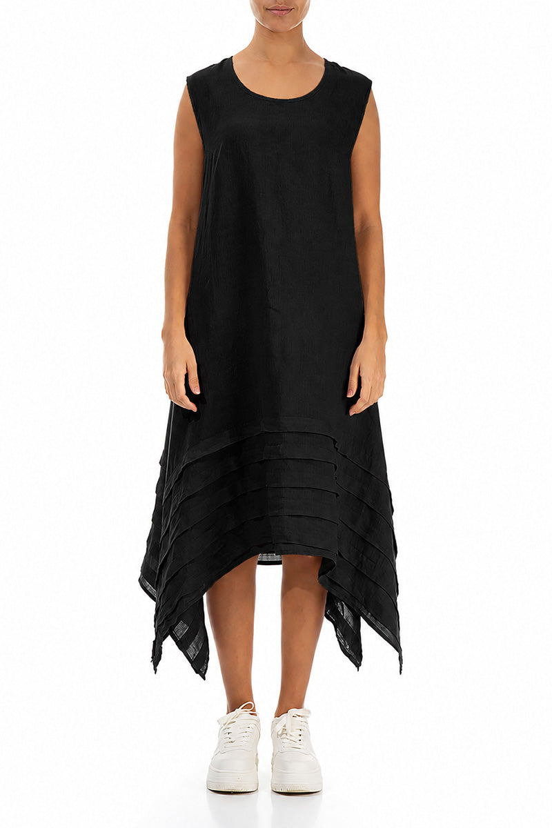 Sleeveless Asymmetric Black Linen Dress