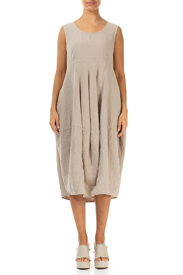 Sleeveless Balloon Beige Linen Dress 1