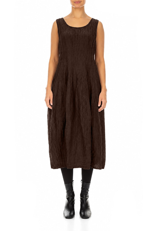 Robe ballon sans manches froissée en soie et lin Brun truffe