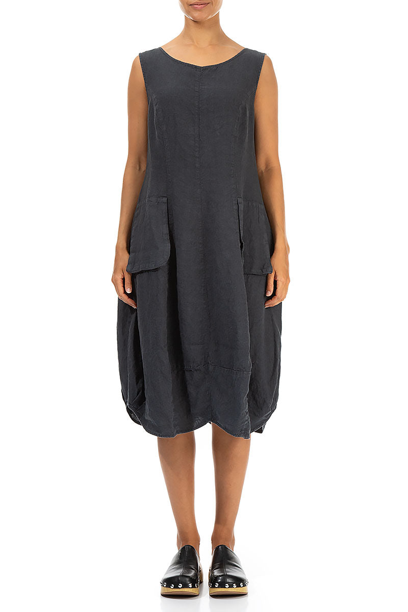 Sleeveless Balloon Pockets Graphite Linen Dress 1