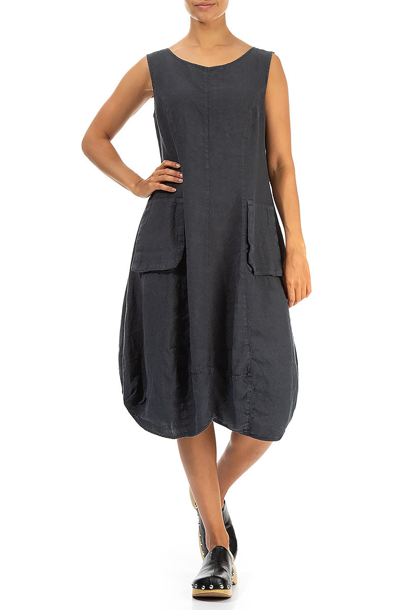 Sleeveless Balloon Pockets Graphite Linen Dress 4