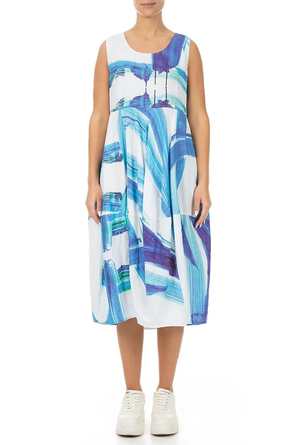 Sleeveless Balloon Blue Brushstroke Linen Dress 1
