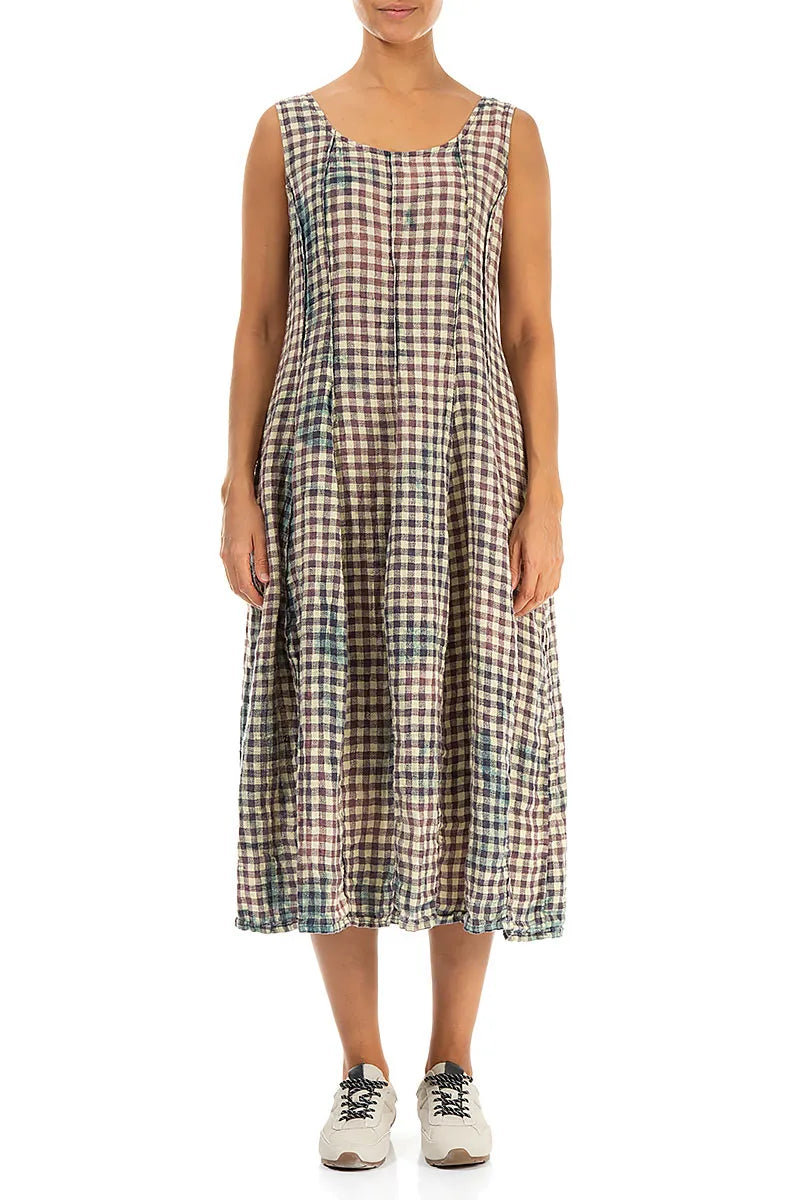 Sleeveless Balloon Watercolour Check Linen Dress 1