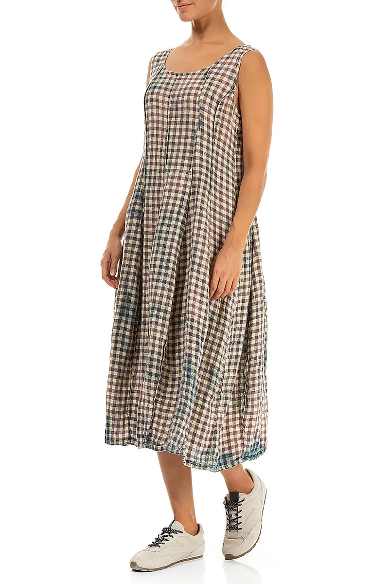 Sleeveless Balloon Watercolour Check Linen Dress 3