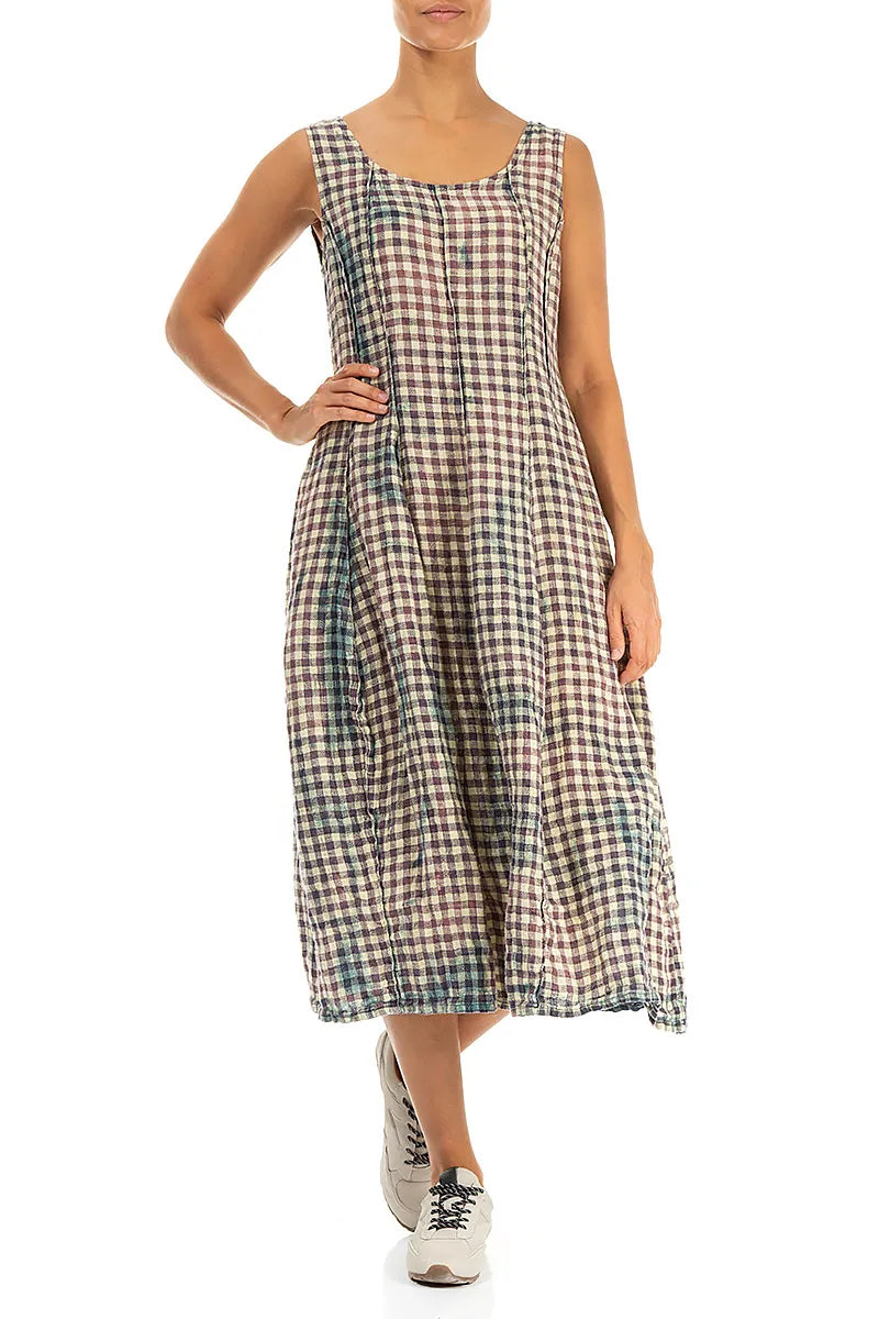 Sleeveless Balloon Watercolour Check Linen Dress 4