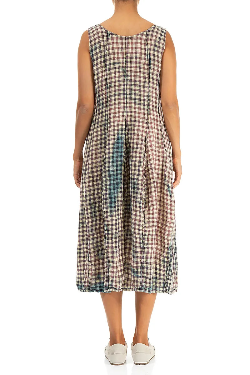 Sleeveless Balloon Watercolour Check Linen Dress 2