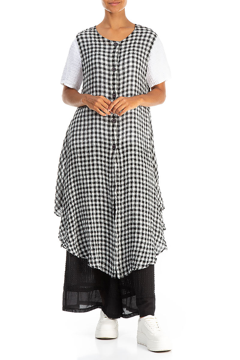 Sleeveless Black & White Check Gauze Linen Vest 4