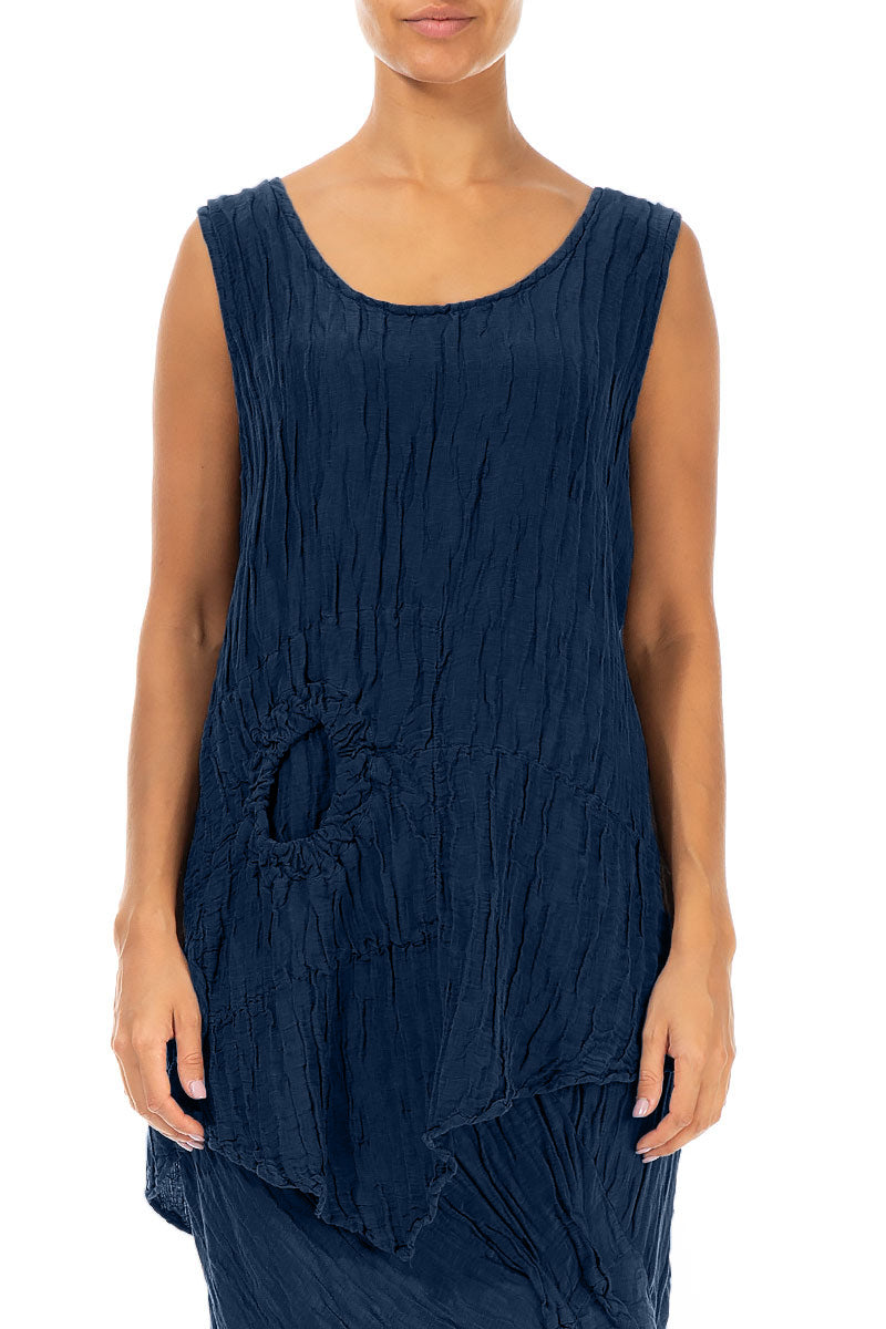 Sleeveless Crinkled Royal Blue Silk Linen Tunic 1