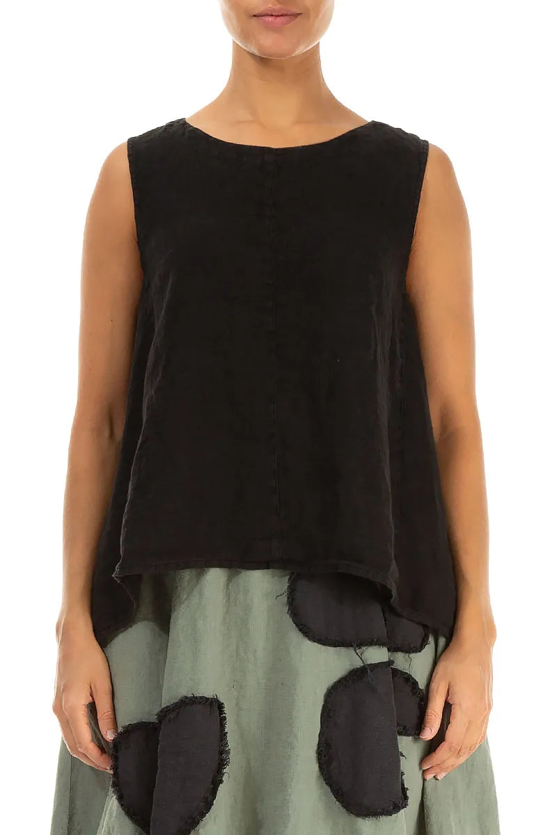 Sleeveless Flared Black Linen Top 1