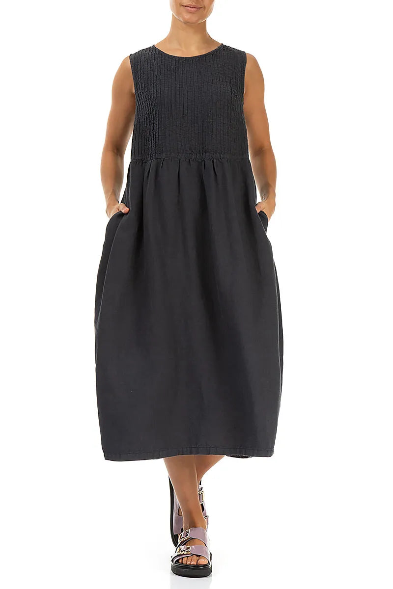 Sleeveless Graphite Pintuck Linen Dress 3