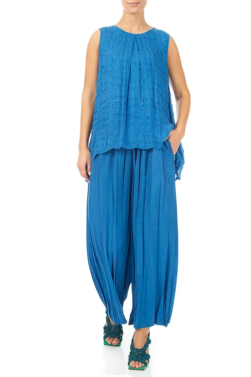 Sleeveless Longer Back Cobalt Blue Light Silk Blouse 4