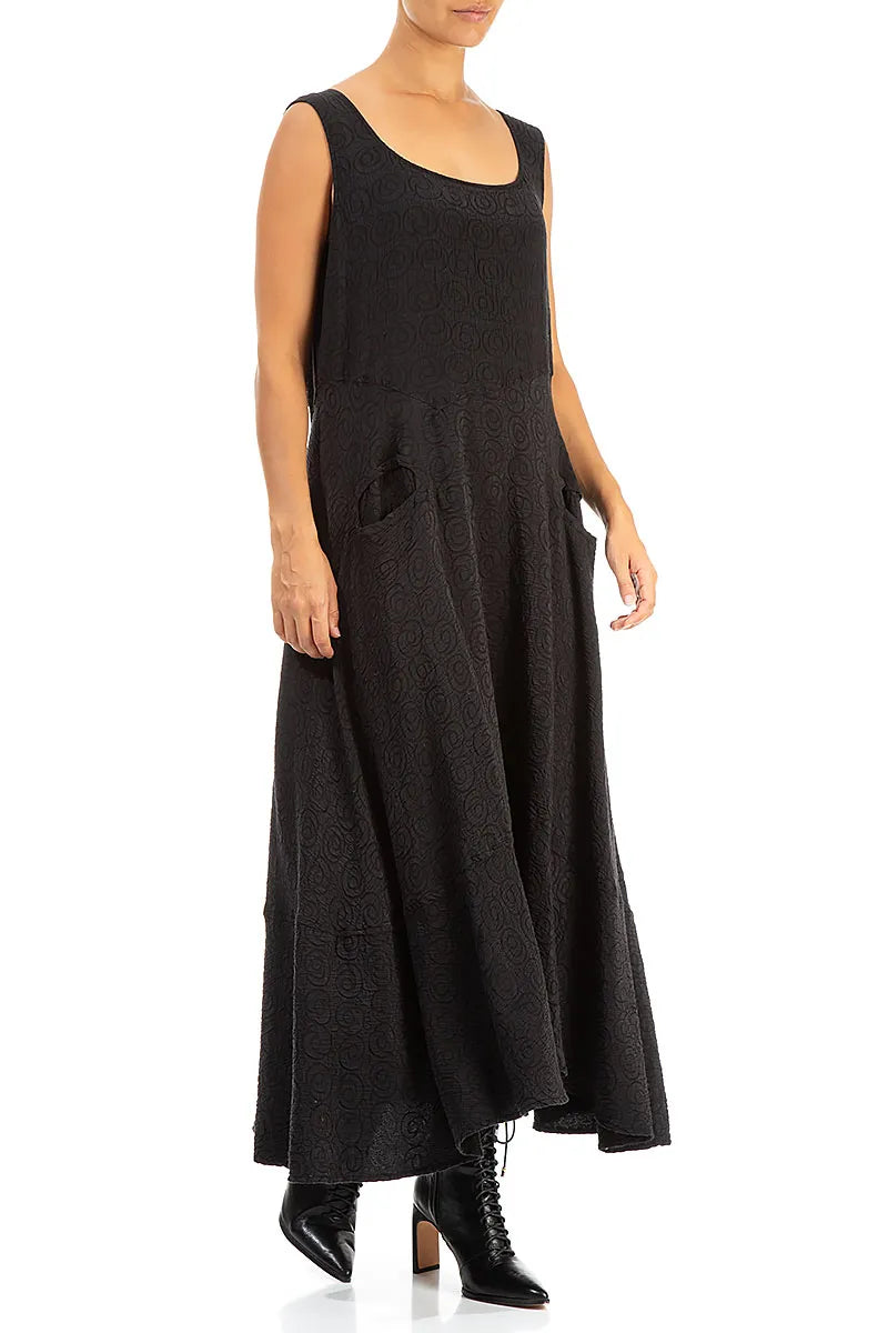 Sleeveless Patterned Black Silk Cotton Dress 3