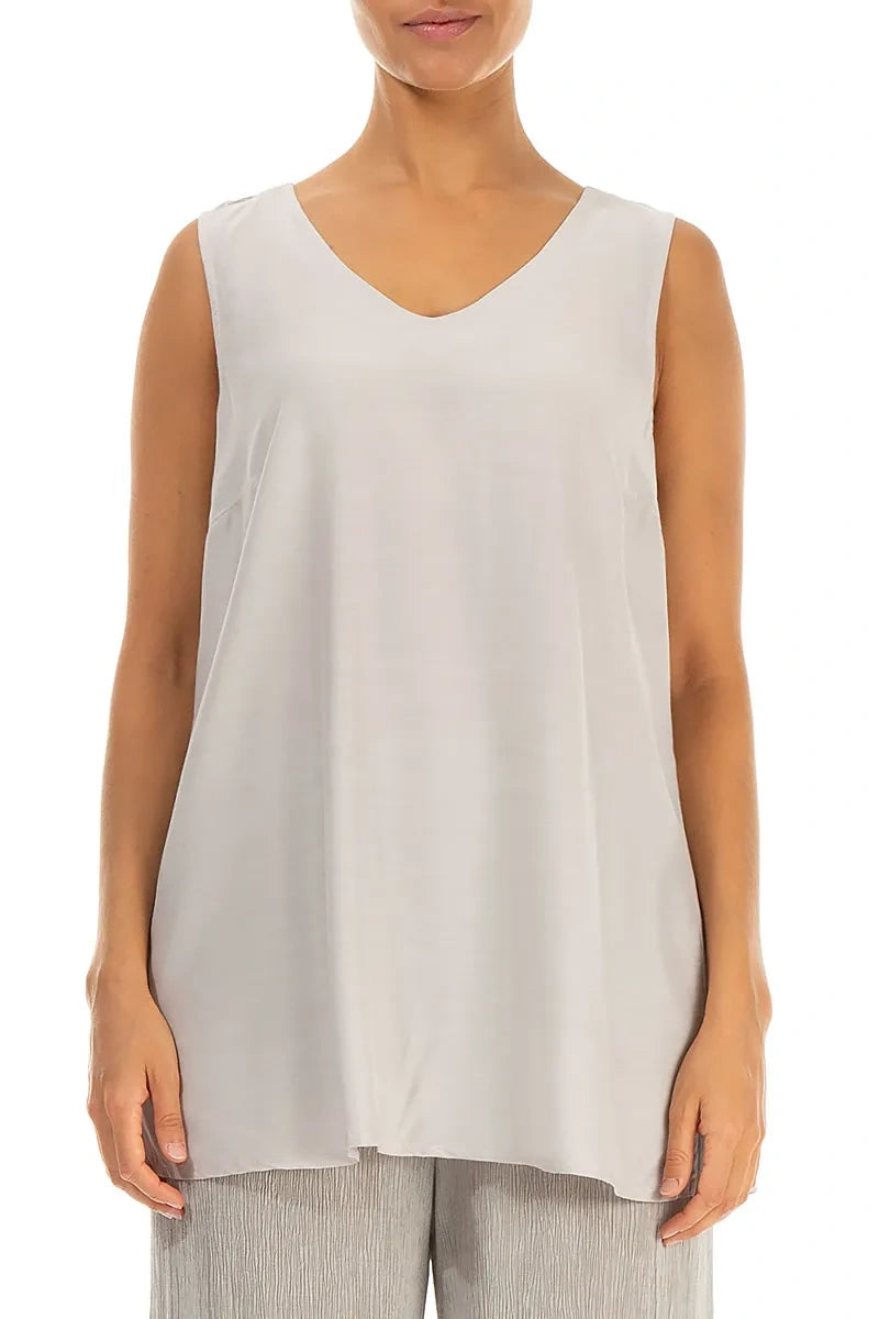 Sleeveless V-Neck Beige Silk Bamboo Blouse 1
