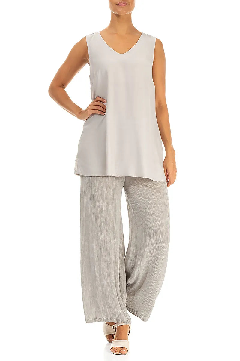 Sleeveless V-Neck Beige Silk Bamboo Blouse 4