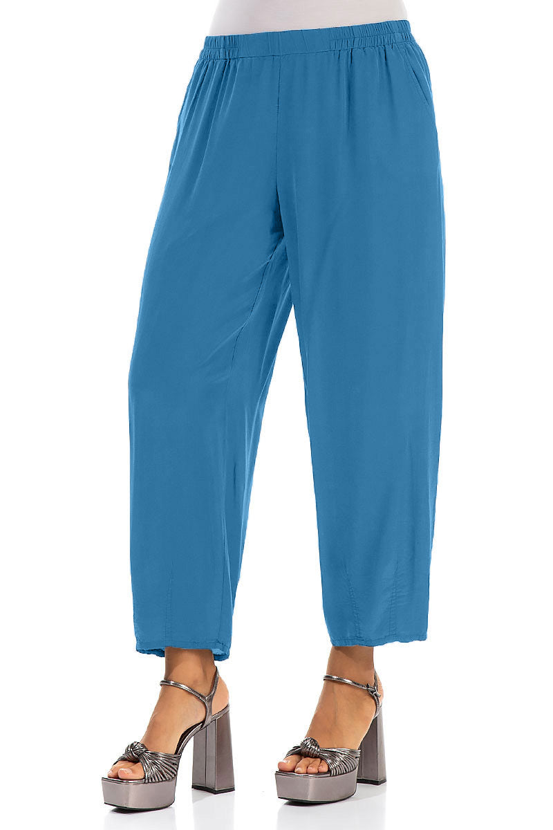 Slight Taper Cobalt Blue Silk Bamboo Trousers 3