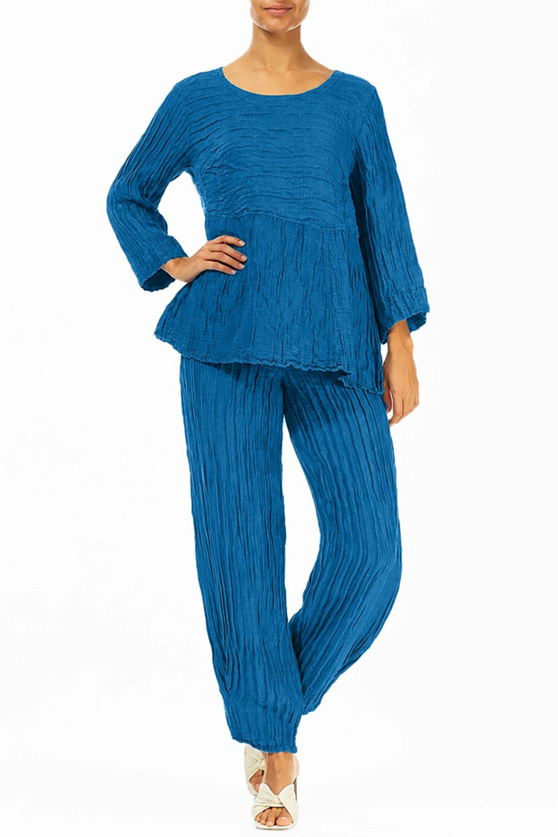 Zachtgevormde Kobaltblauwe Gerimpelde Zijde-Linnen Blouse