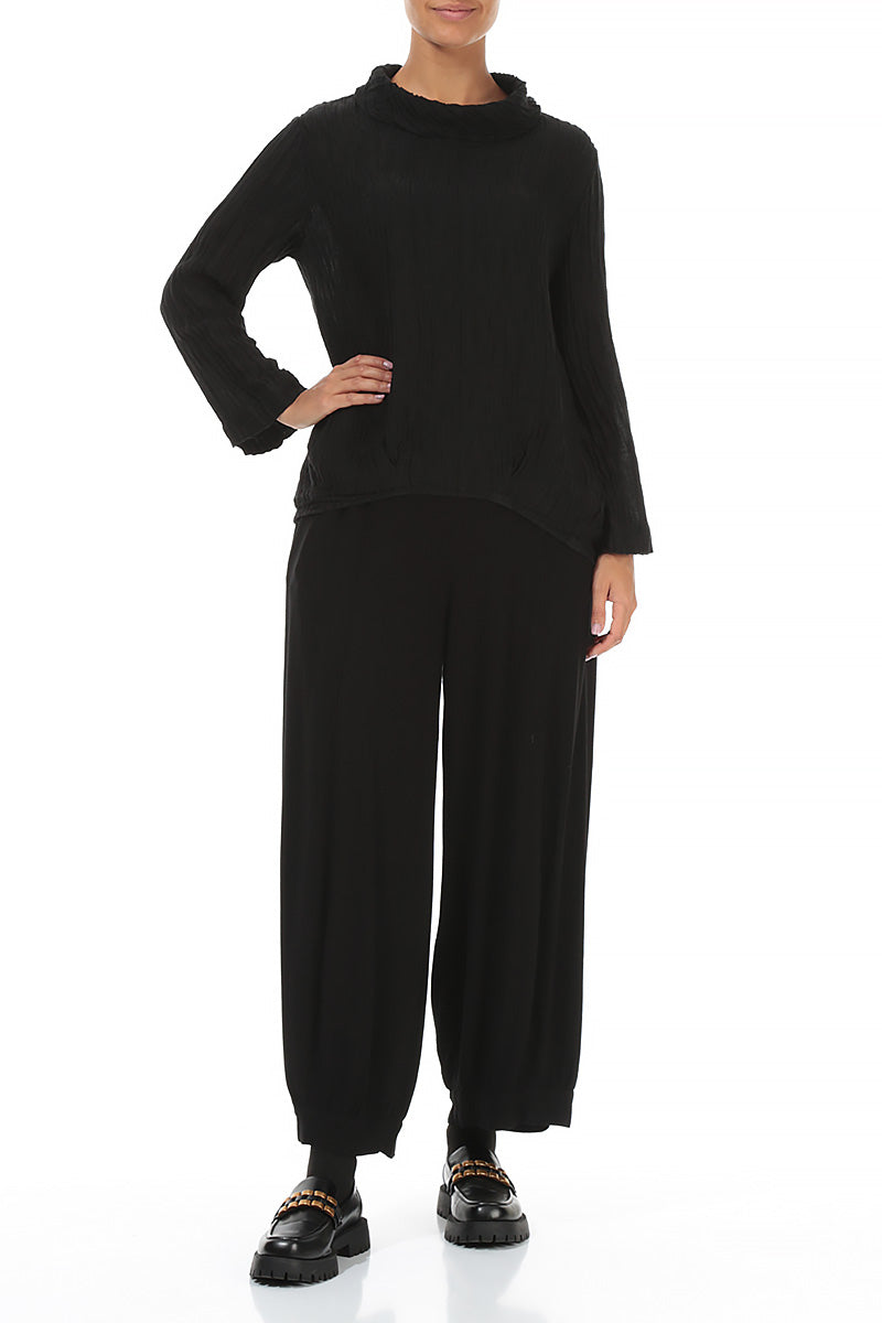 Soft Cowl Neck Crinkled Black Silk Blouse 4