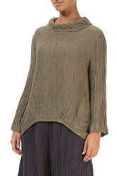 Soft Cowl Neck Crinkled Silver Sage Silk Blouse 3