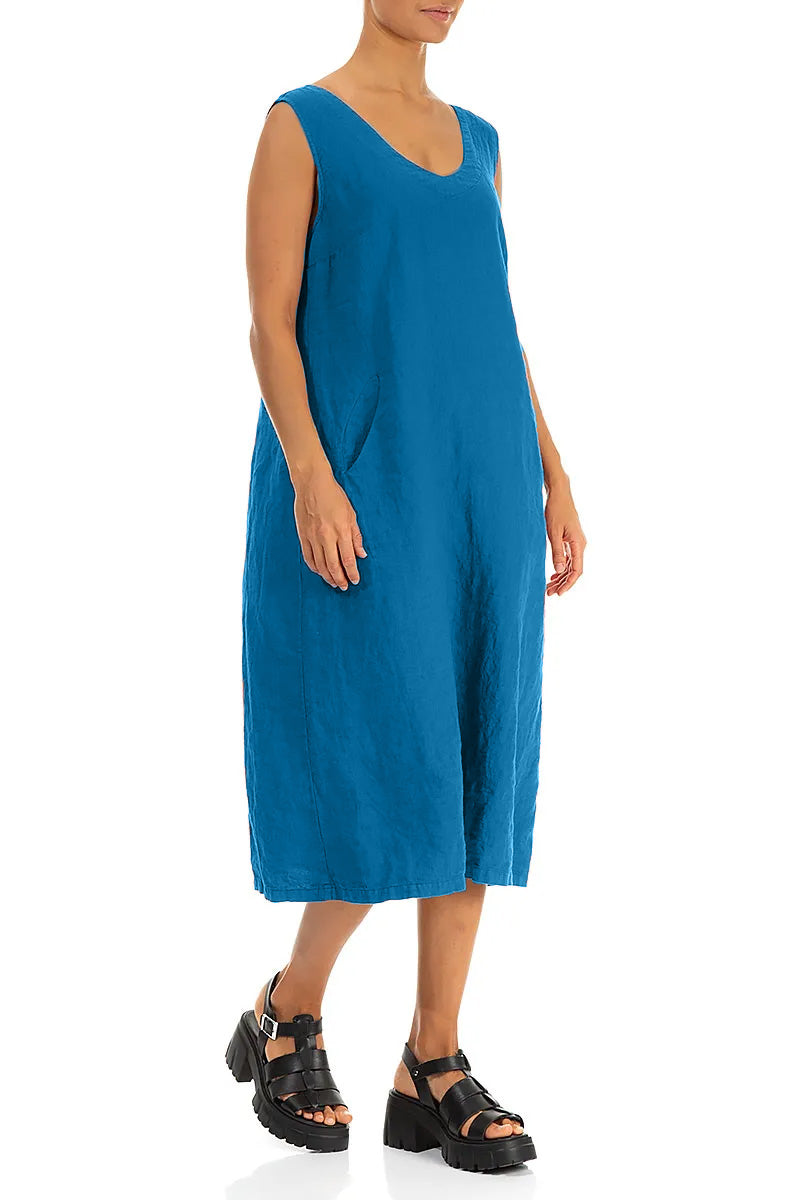 Soft V-Neck Cobalt Blue Linen Dress 3