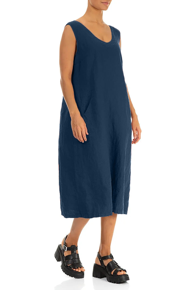 Soft V-Neck Navy Linen Dress 3