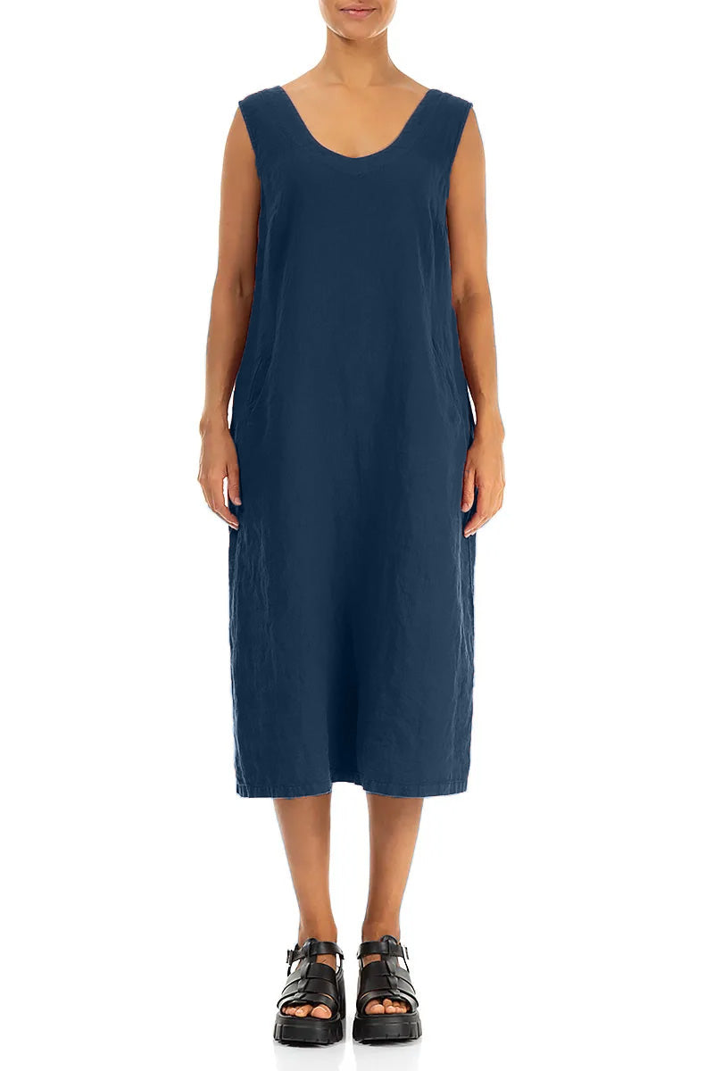 Soft V-Neck Navy Linen Dress 1