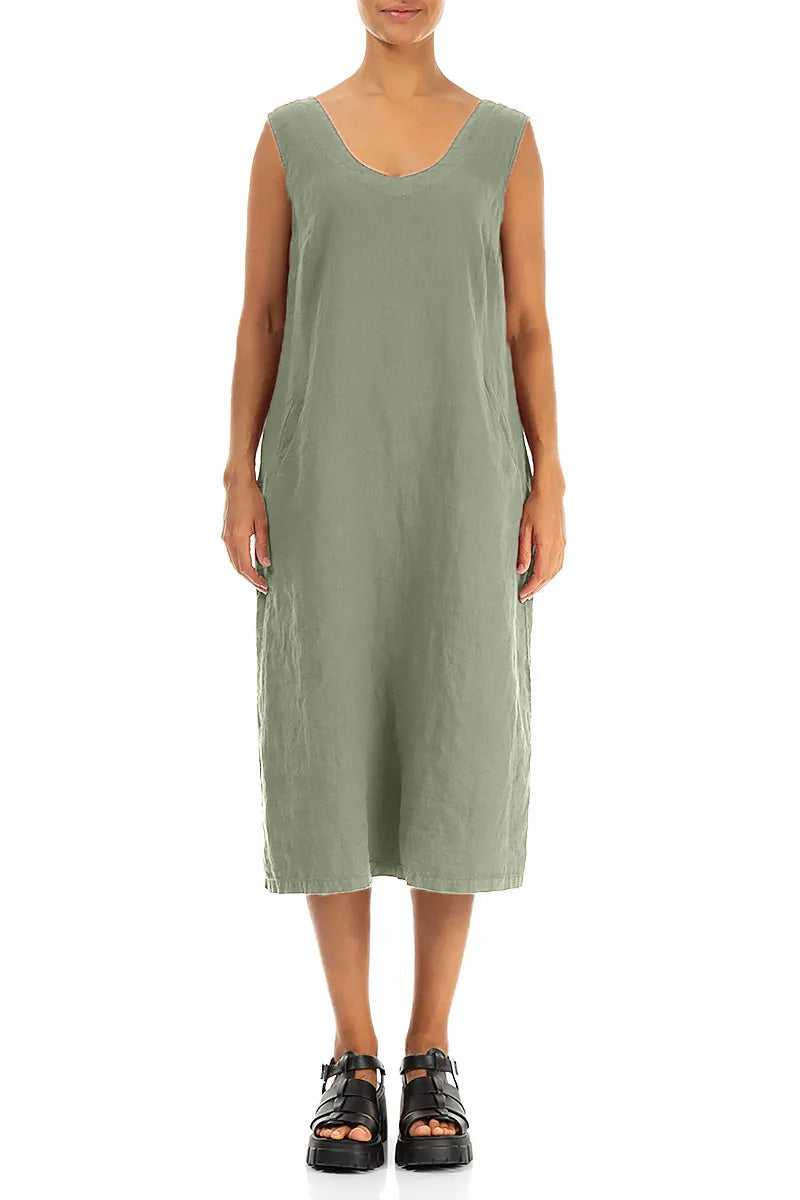 Soft V-Neck Sage Linen Dress 1