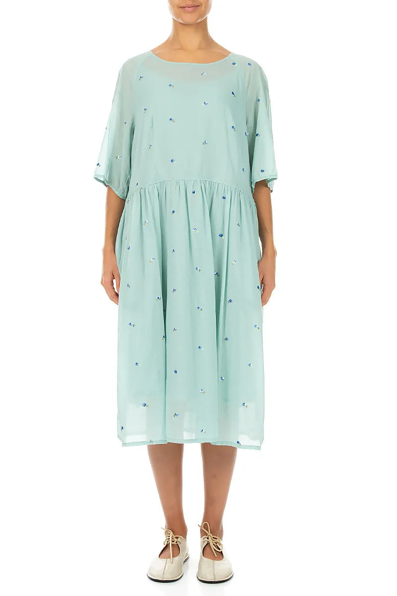 Soft Volume Mint Embroidered Petals Cotton Midi Dress 1