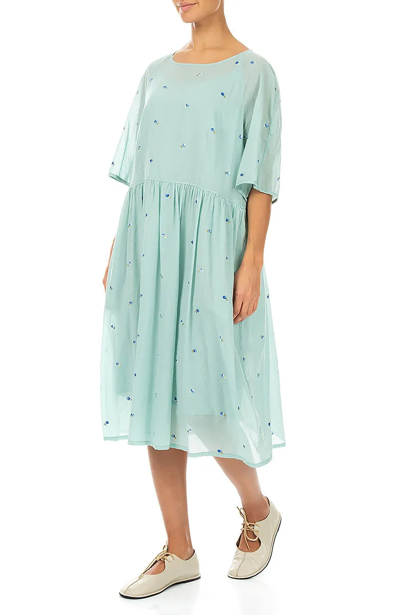 Soft Volume Mint Embroidered Petals Cotton Midi Dress 3