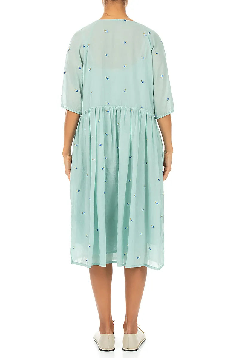 Soft Volume Mint Embroidered Petals Cotton Midi Dress 2