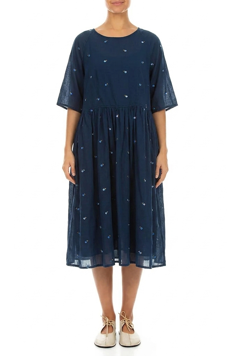 Soft Volume Navy Embroidered Petals Cotton Midi Dress 1