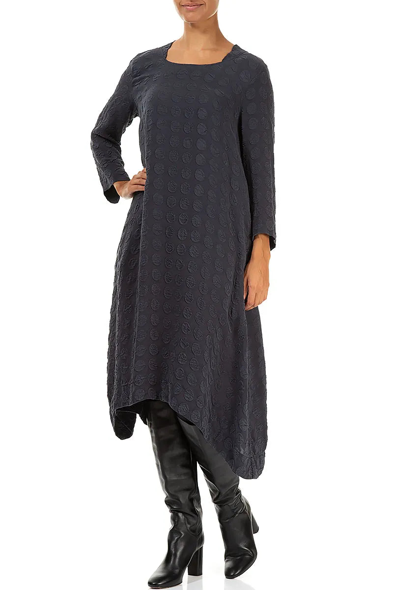 Square Neck Bubble Graphite Blue Silver Silk Dress