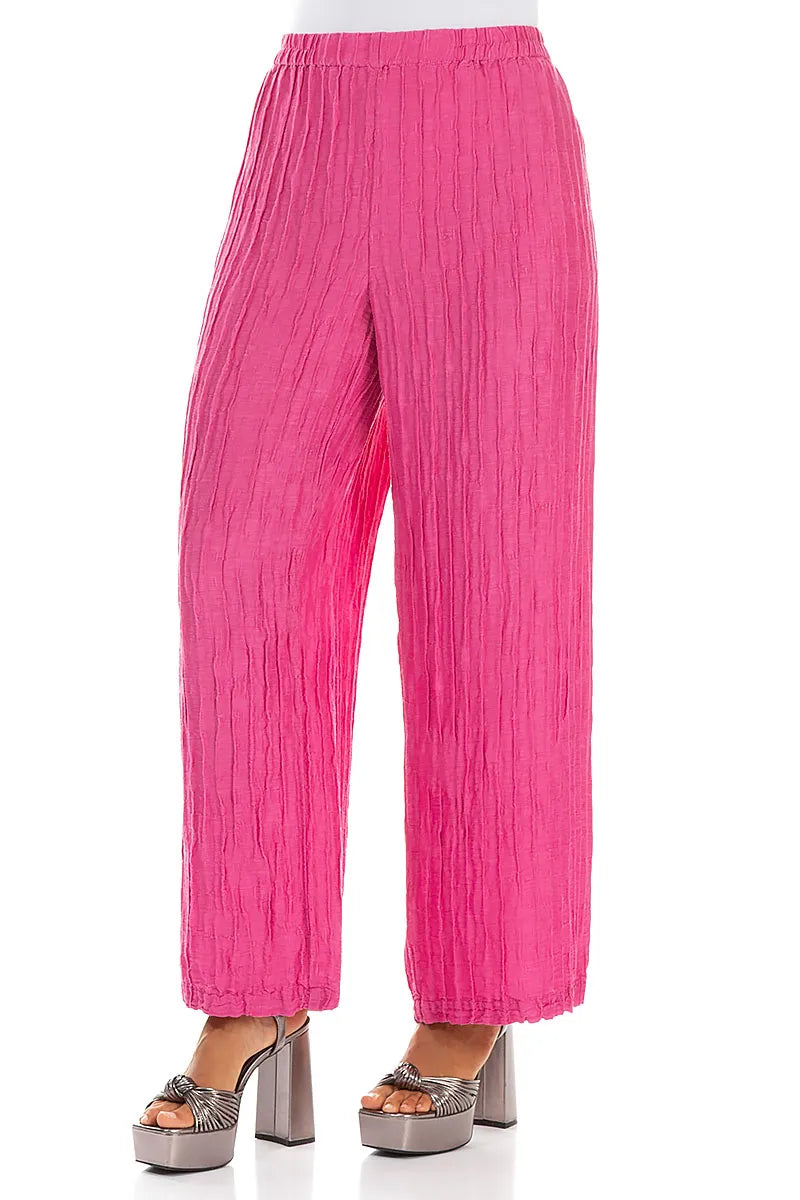 Straight Crinkled Fuchsia Silk Linen Trousers 3