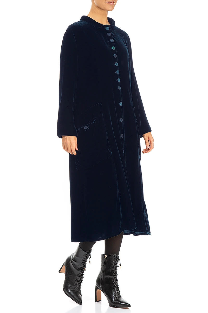 Veste longue élégante en velours de soie bleu royal