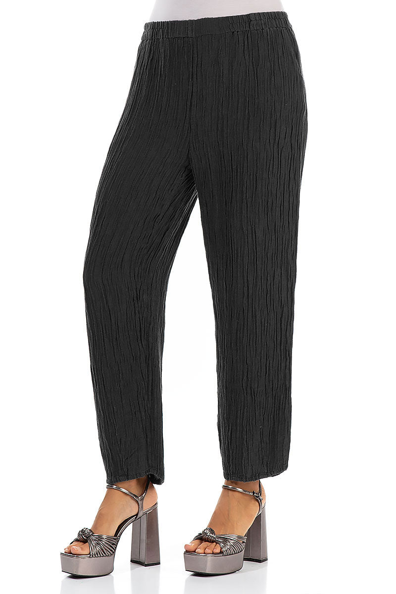 Taper Crinkled Black Silk Trousers 3