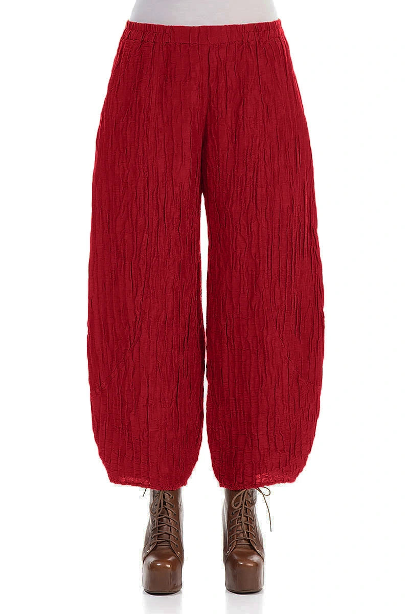 Taper Crinkled Cherry Red Silk Linen Trousers 1