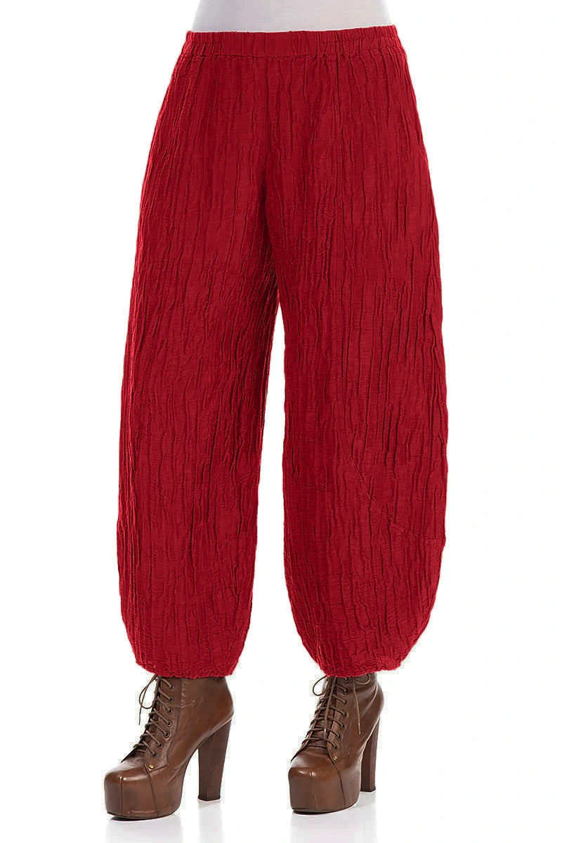 Taper Crinkled Cherry Red Silk Linen Trousers 3