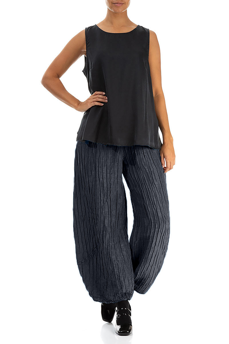 Taper Crinkled Slate Blue Silk Linen Trousers 4