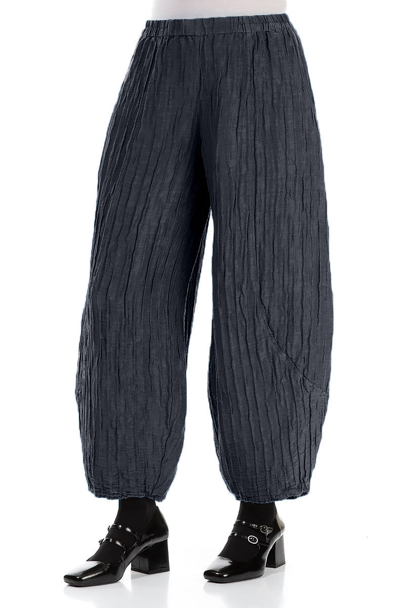 Taper Crinkled Slate Blue Silk Linen Trousers 3