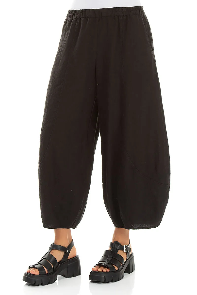 Taper Cropped Wide Black Linen Trousers