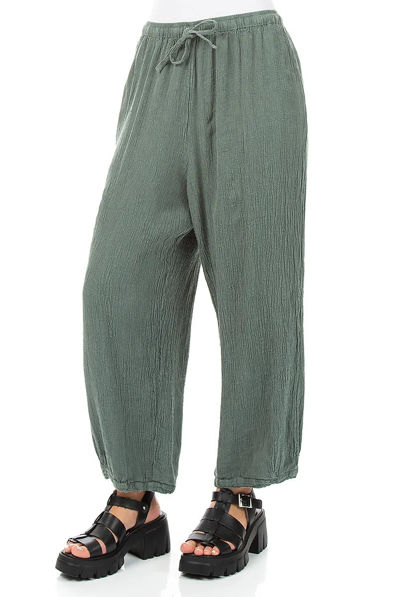 Taper Tie Up Sage Textured Linen Trousers 3