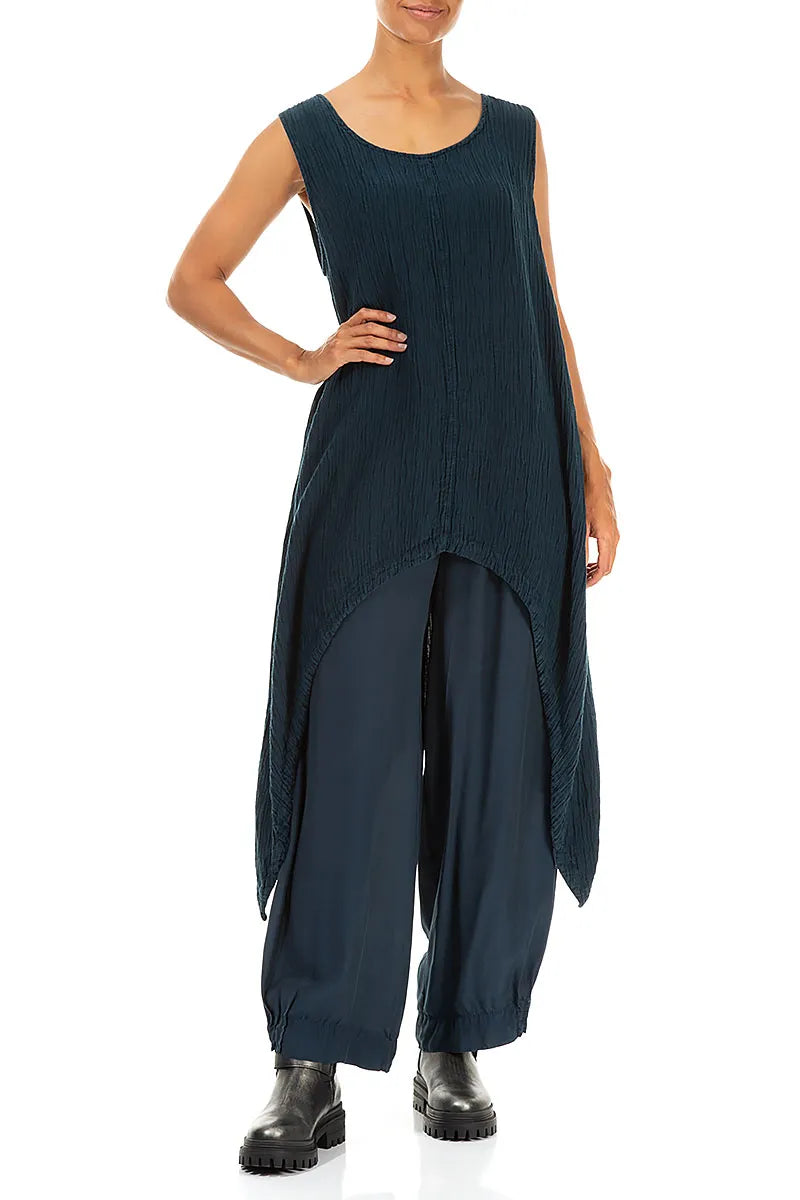 Taper Wide Navy Silk Bamboo Trousers 4