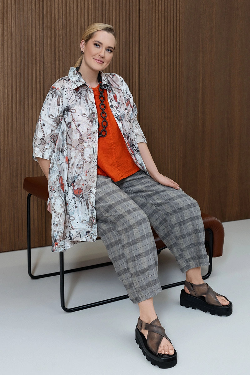 Tapered Greige Check Linen Trousers 6